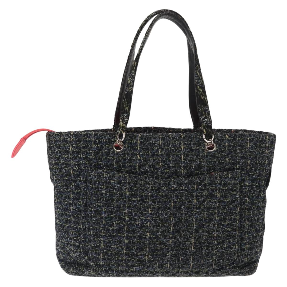 CHANEL Cambon Line Tote Bag tweed Navy Silver CC Auth bs29930