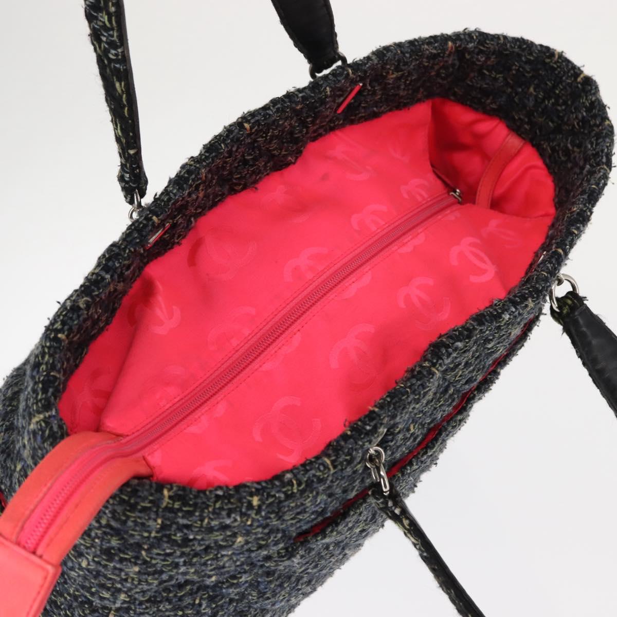 CHANEL Cambon Line Tote Bag tweed Navy Silver CC Auth bs29930