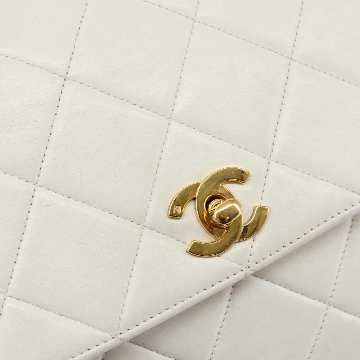 CHANEL Matelasse Chain Shoulder Bag Lamb Skin White Gold CC Auth bs29933