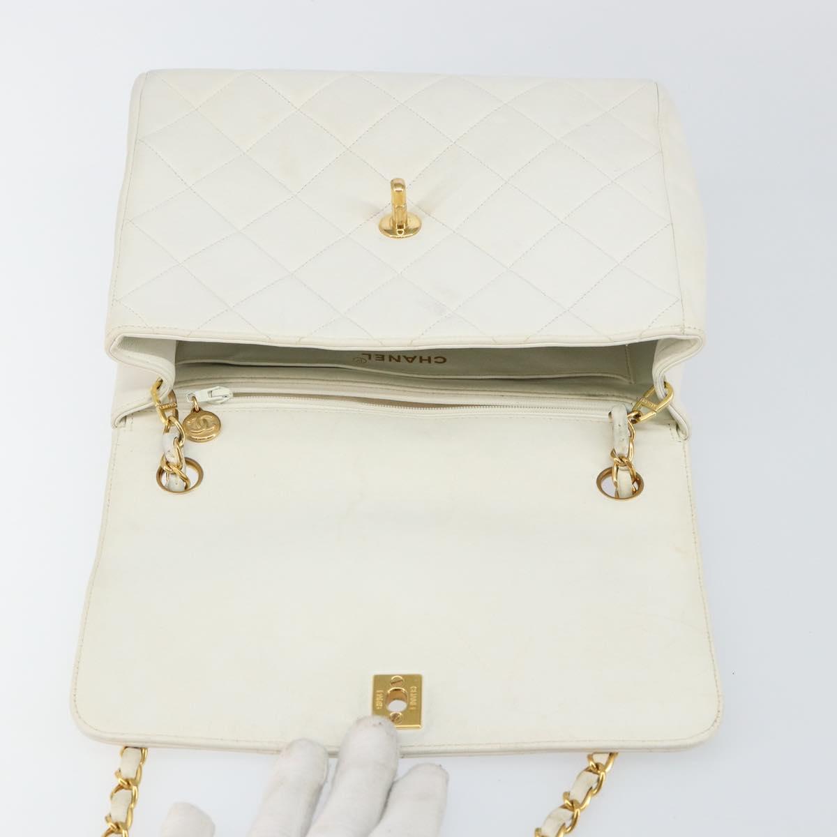 CHANEL Matelasse Chain Shoulder Bag Lamb Skin White Gold CC Auth bs29933