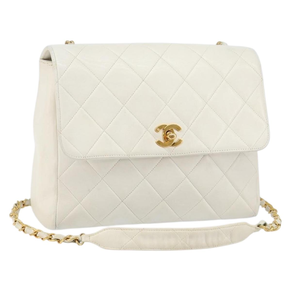 CHANEL Matelasse Chain Shoulder Bag Lamb Skin White Gold CC Auth bs29933