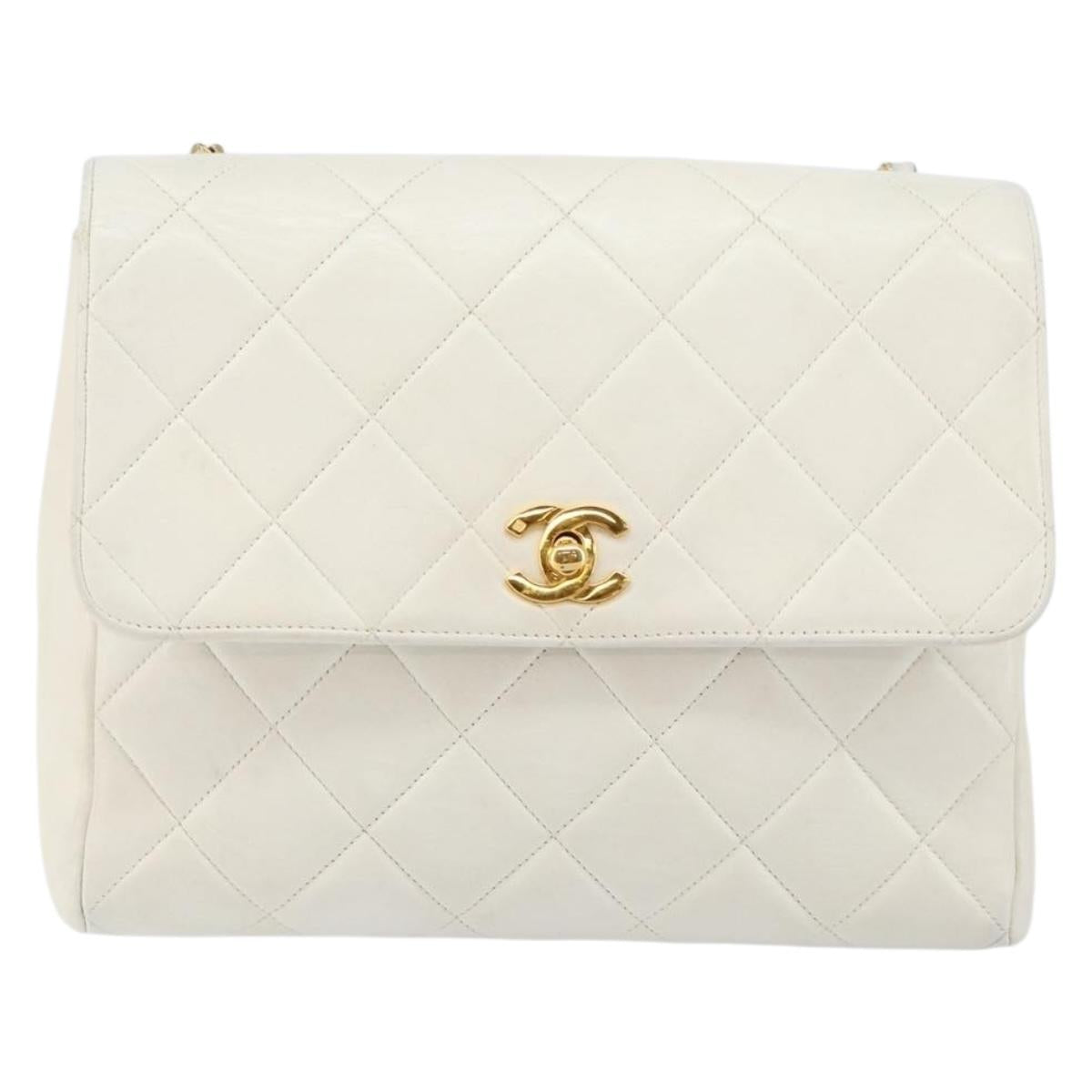 CHANEL Matelasse Chain Shoulder Bag Lamb Skin White Gold CC Auth bs29933