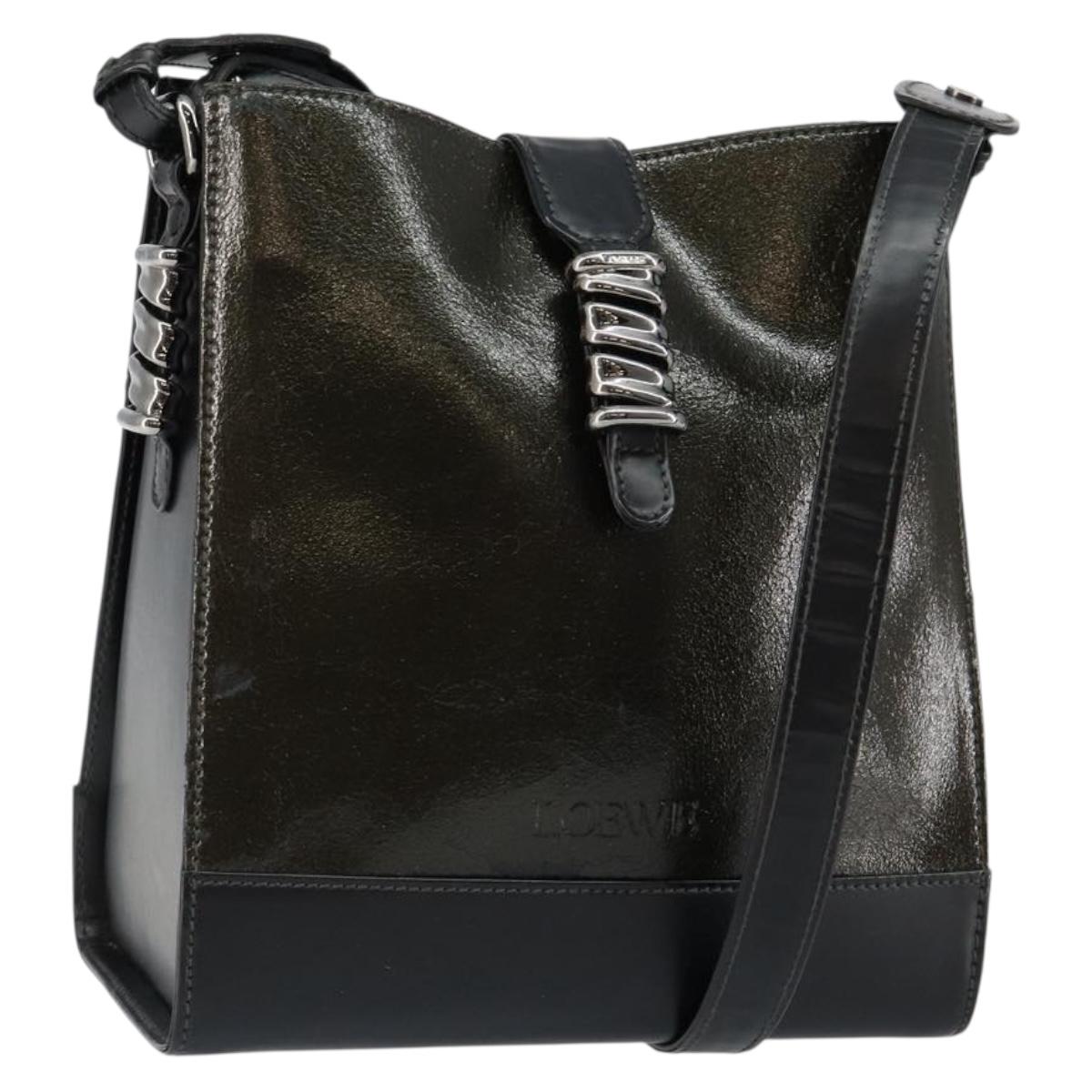 LOEWE Twist Shoulder Bag Leather Khaki Silver Auth bs29938