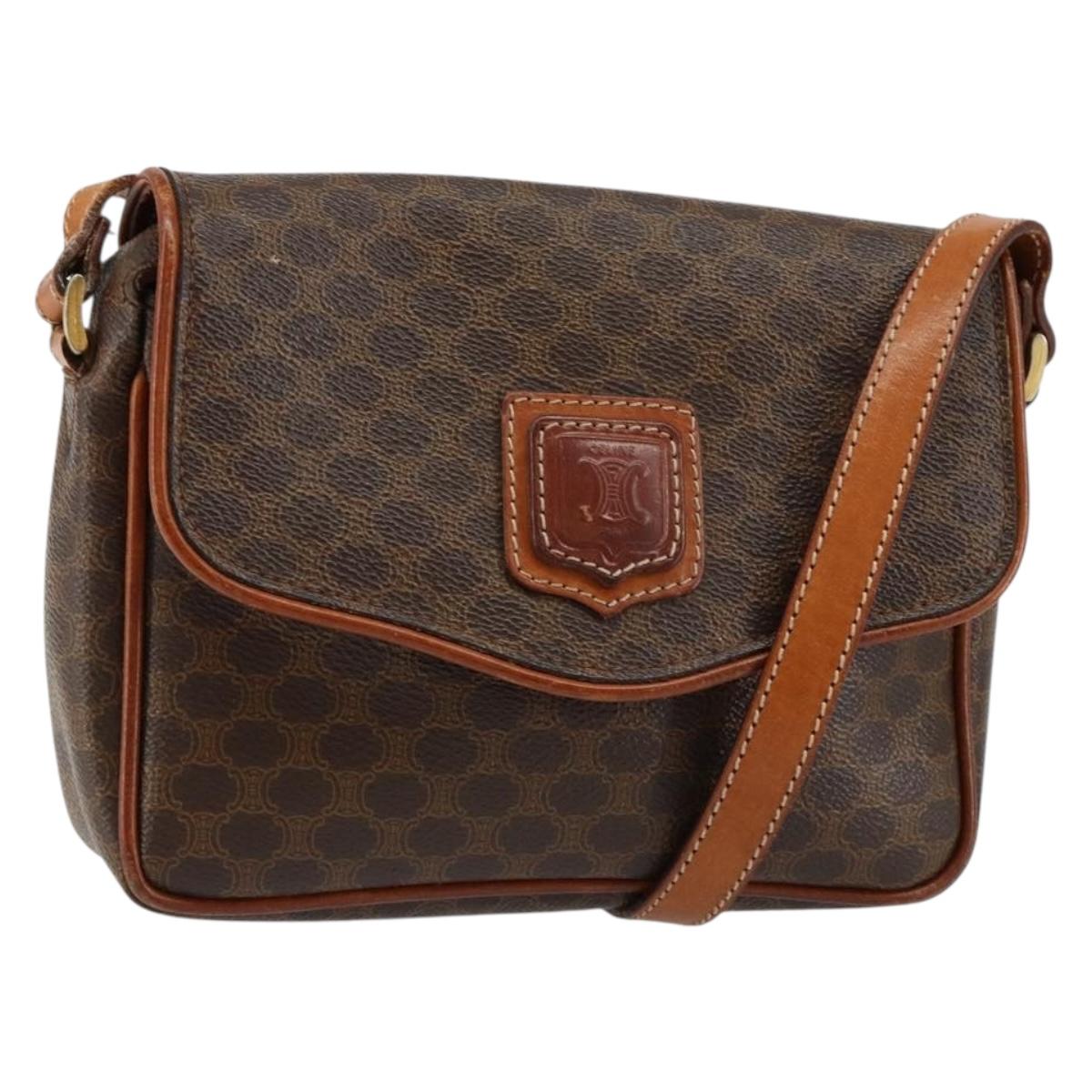 CELINE Macadam Canvas Shoulder Bag PVC Leather Brown Gold Auth bs29949