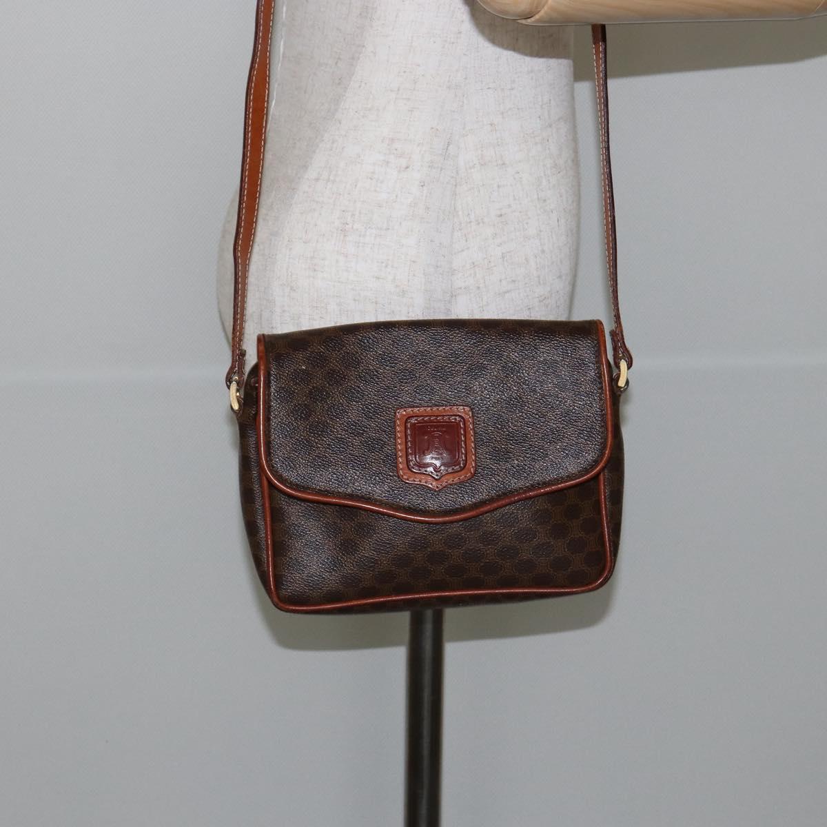 CELINE Macadam Canvas Shoulder Bag PVC Leather Brown Gold Auth bs29949