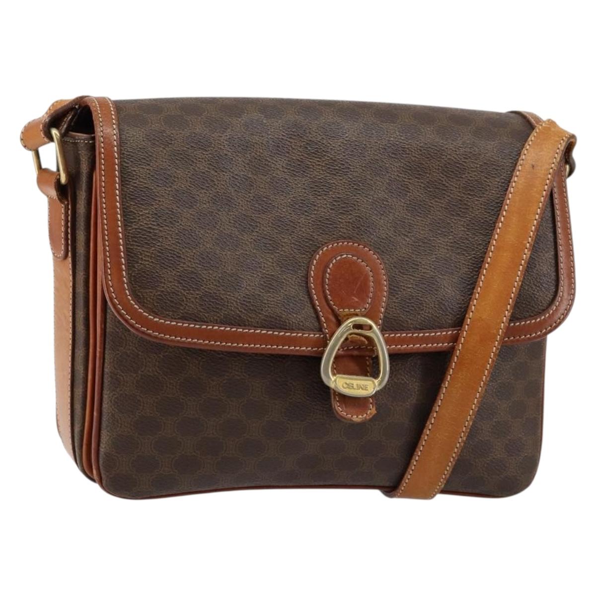 CELINE Macadam Canvas Shoulder Bag PVC Leather Brown Gold Auth bs29950