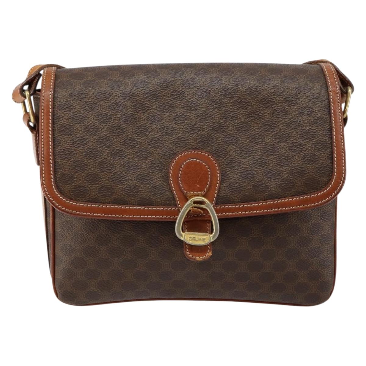 CELINE Macadam Canvas Shoulder Bag PVC Leather Brown Gold Auth bs29950
