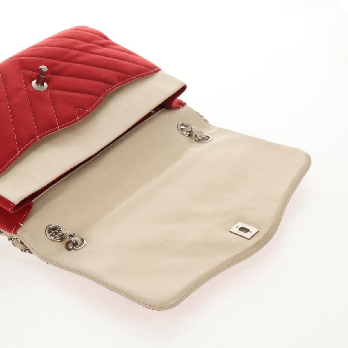 CHANEL V Stitch Flap Chain Shoulder Bag Cotton Red Silver CC Auth bs29952V