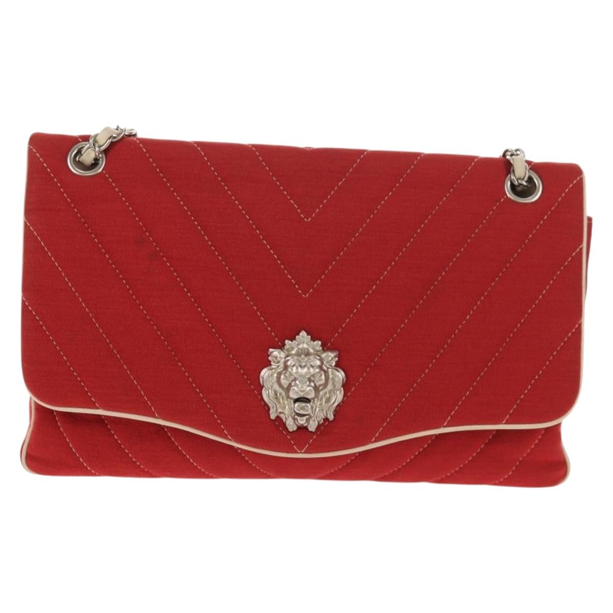 CHANEL V Stitch Flap Chain Shoulder Bag Cotton Red Silver CC Auth bs29952V