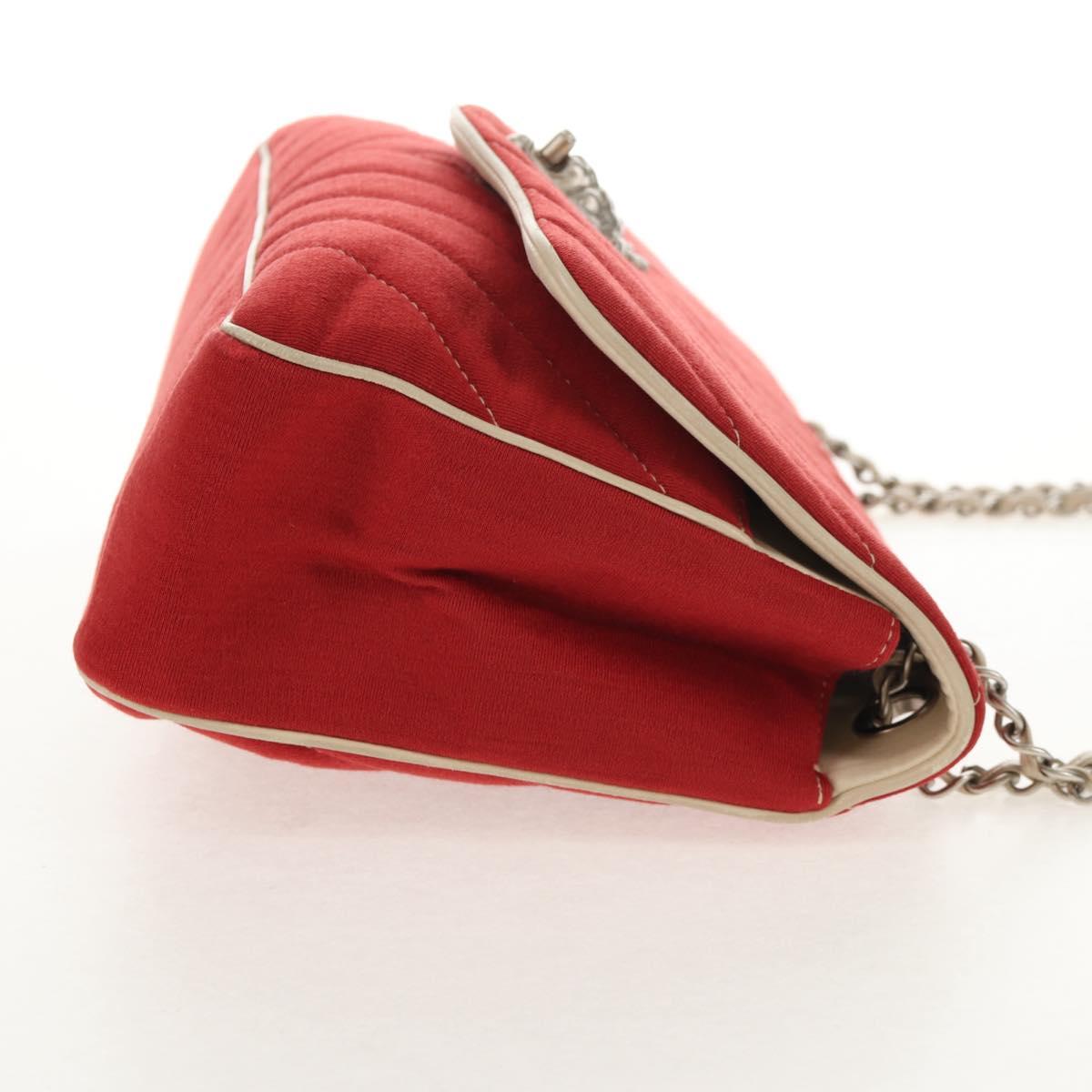 CHANEL V Stitch Flap Chain Shoulder Bag Cotton Red Silver CC Auth bs29952V