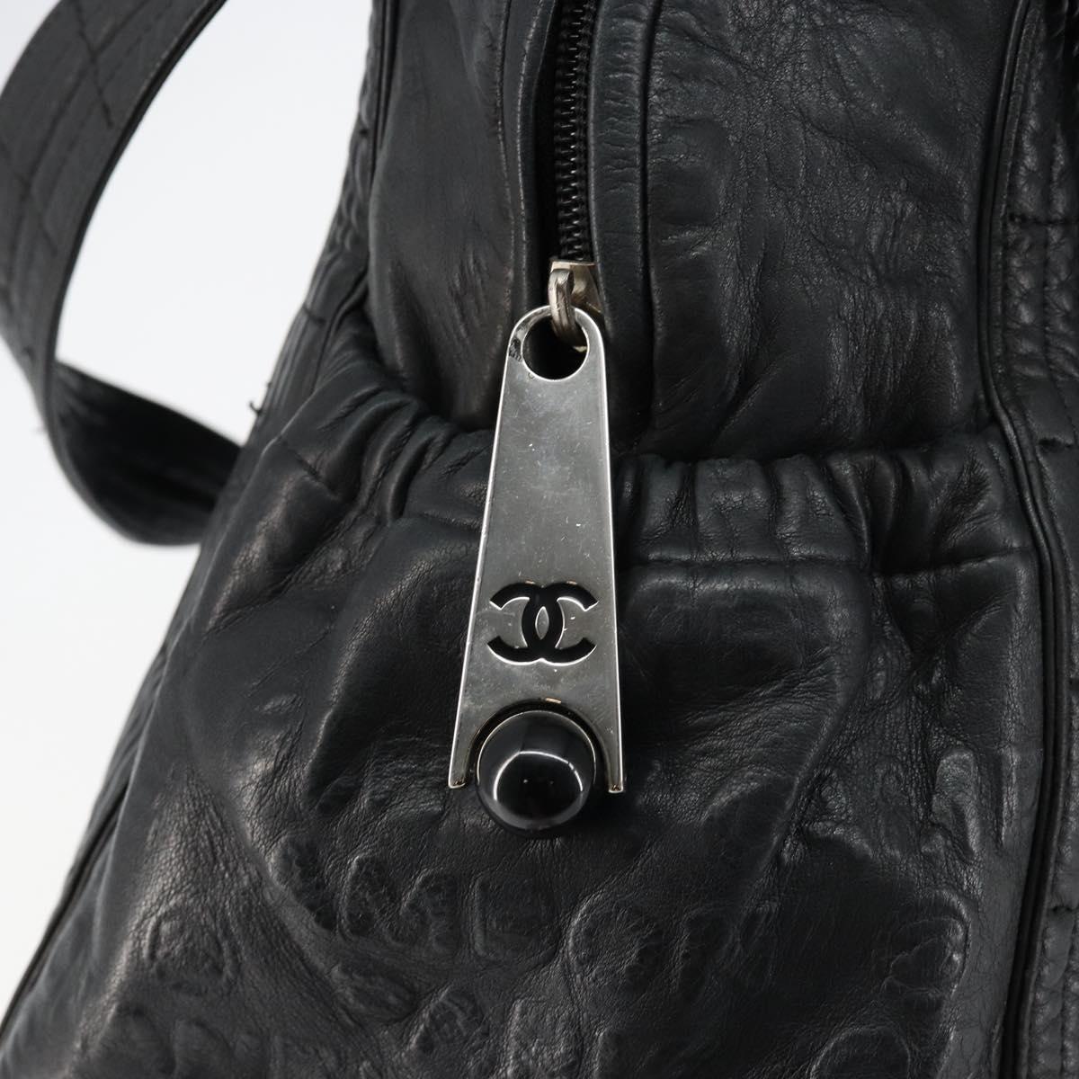 CHANEL Embossed Logo Unlimited Boston Bag Leather Black Silver CC Auth bs29953