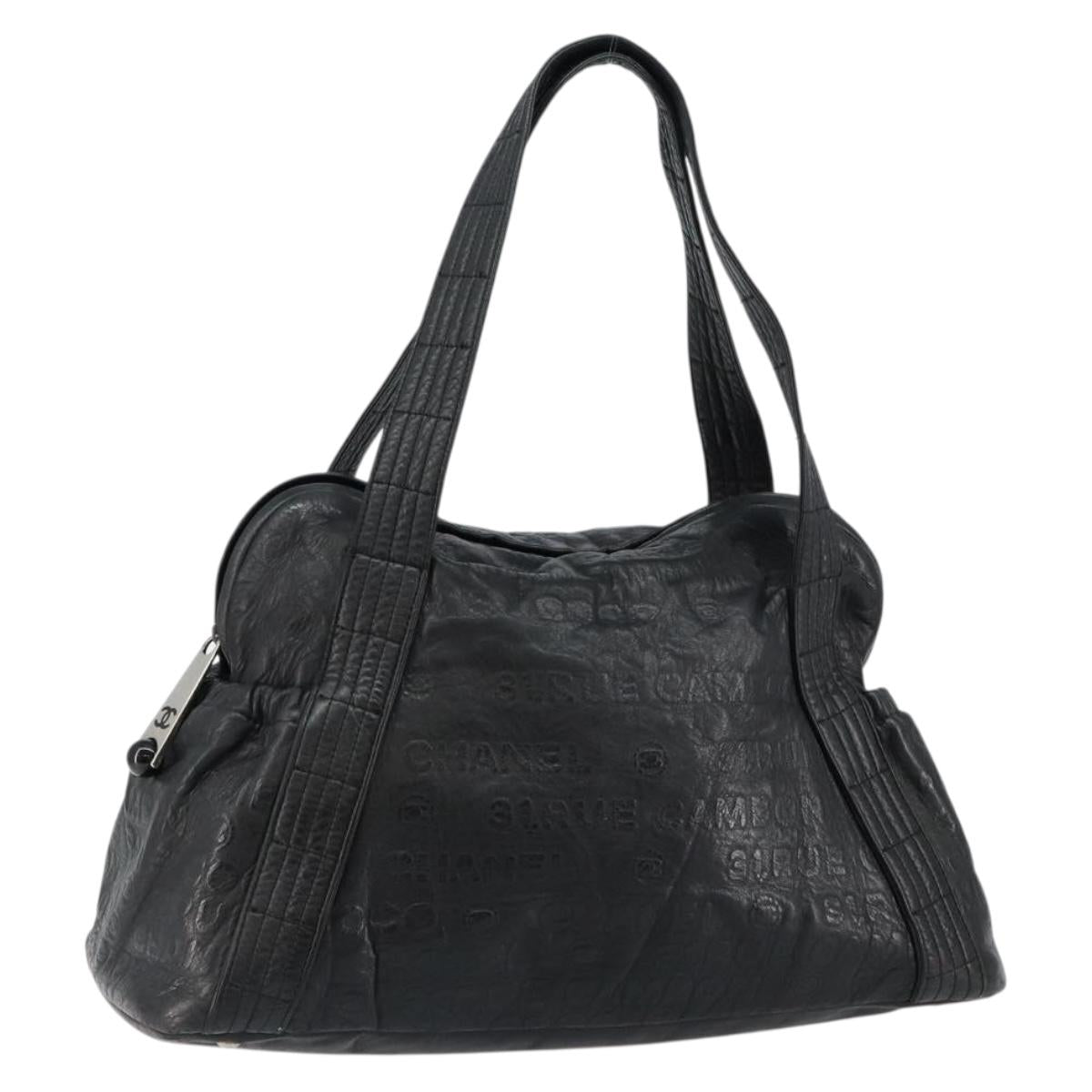 CHANEL Embossed Logo Unlimited Boston Bag Leather Black Silver CC Auth bs29953