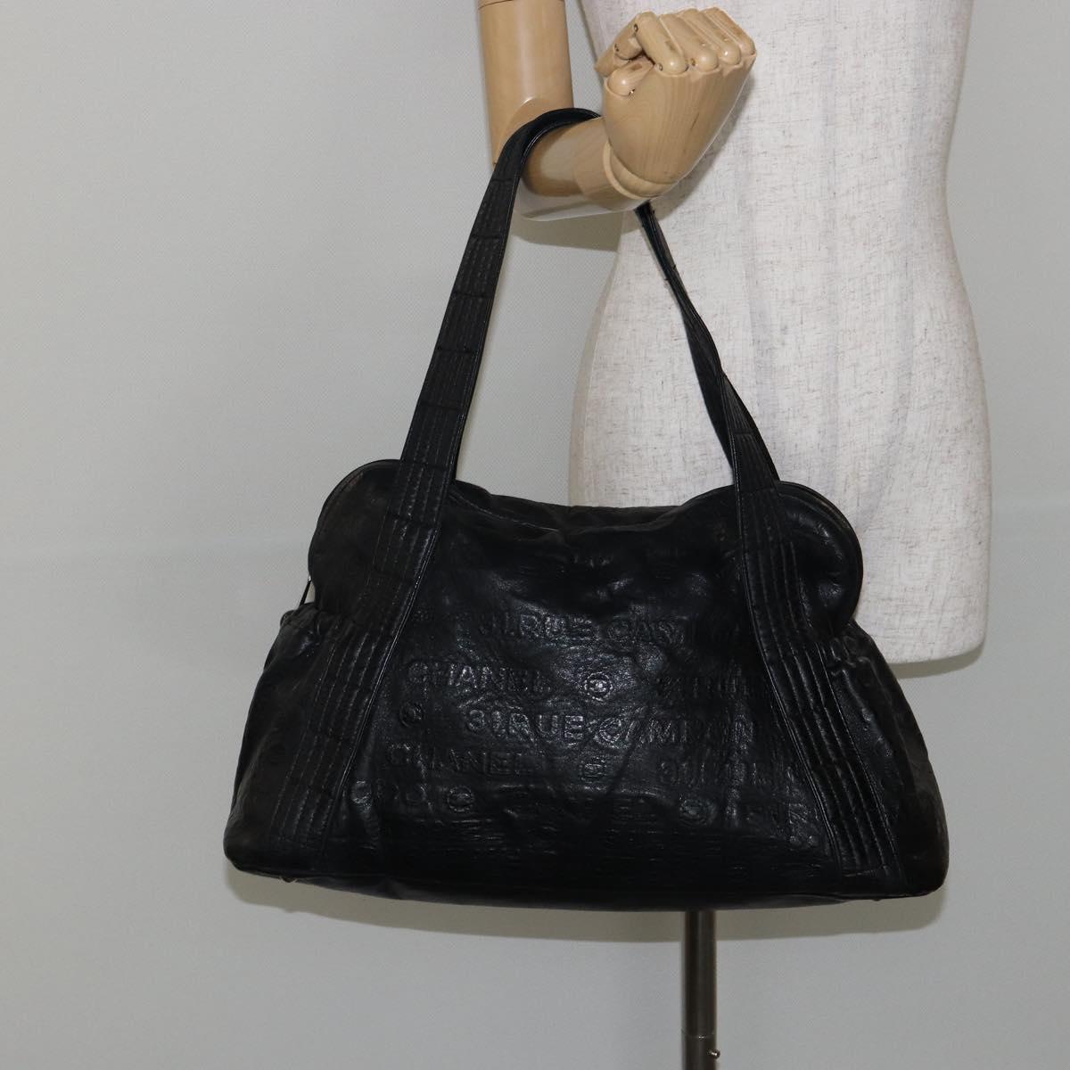 CHANEL Embossed Logo Unlimited Boston Bag Leather Black Silver CC Auth bs29953