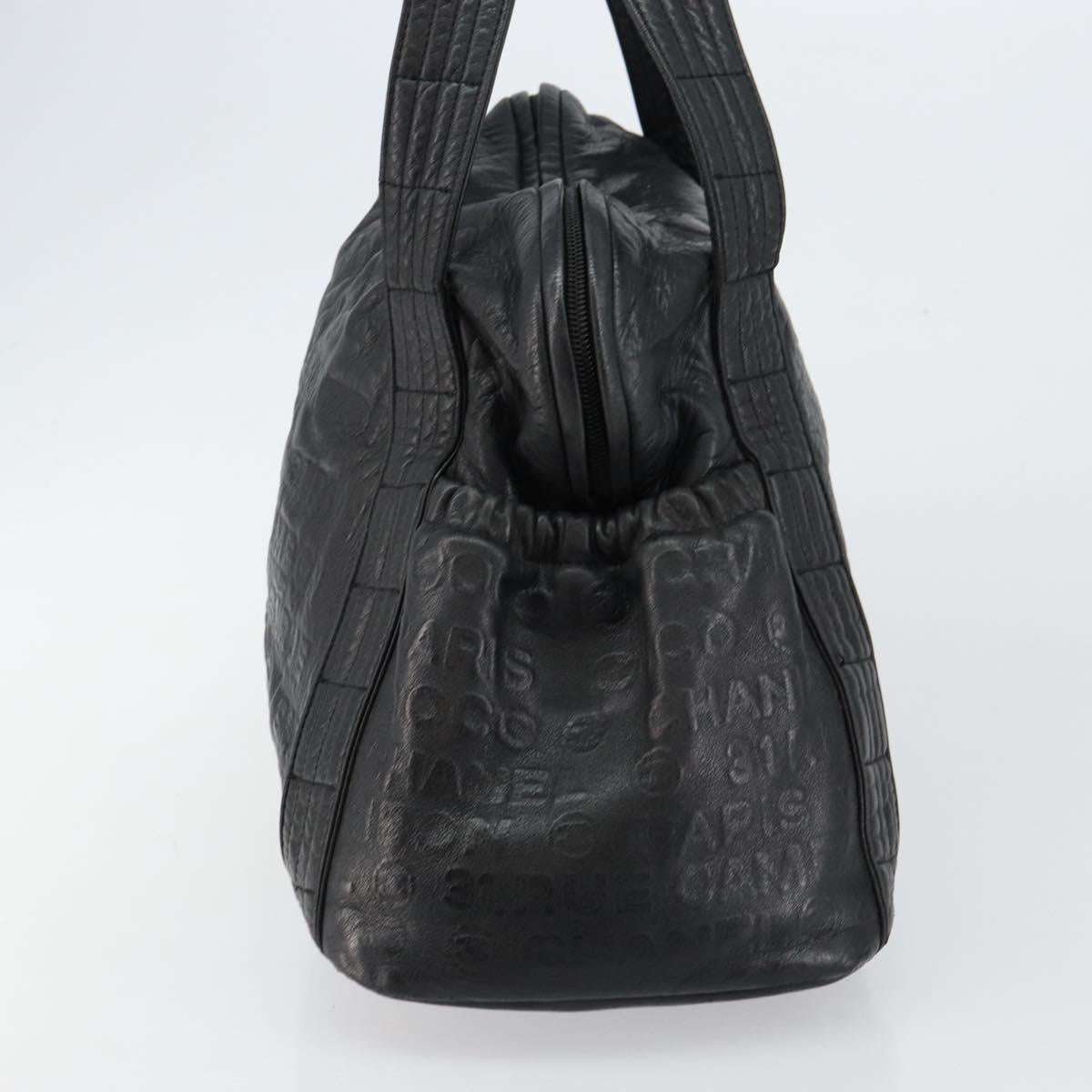 CHANEL Embossed Logo Unlimited Boston Bag Leather Black Silver CC Auth bs29953