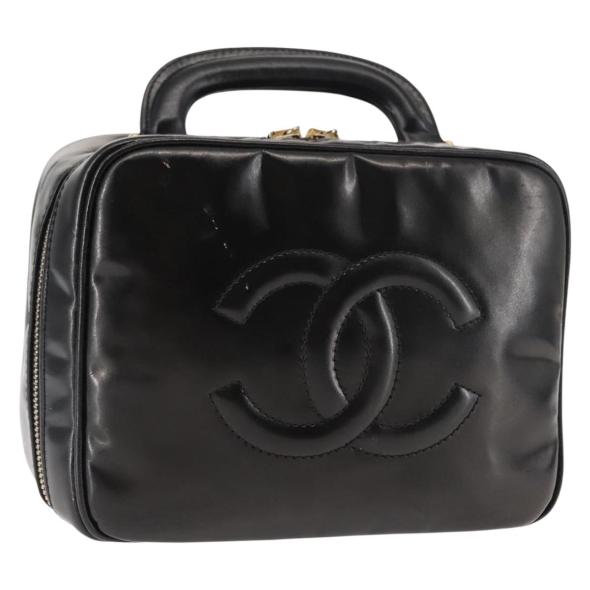 CHANEL Vanity Hand Bag Patent leather Black Gold CC Auth bs29955