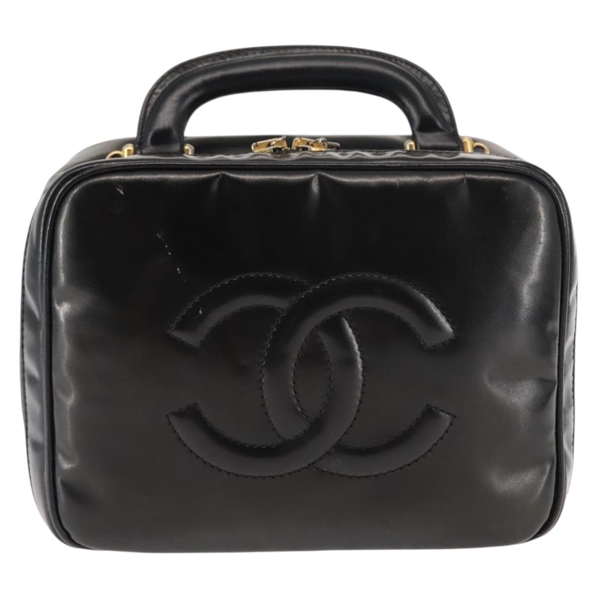 CHANEL Vanity Hand Bag Patent leather Black Gold CC Auth bs29955