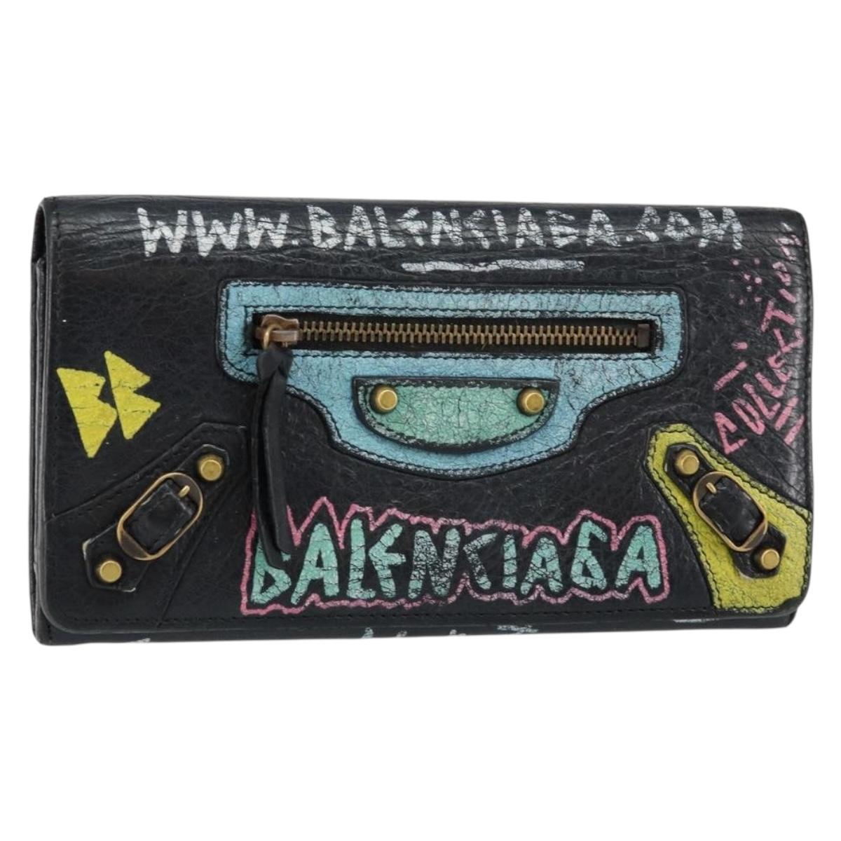 BALENCIAGA Continental Graffiti Wallet Leather Black Gold 164471 Auth bs29956