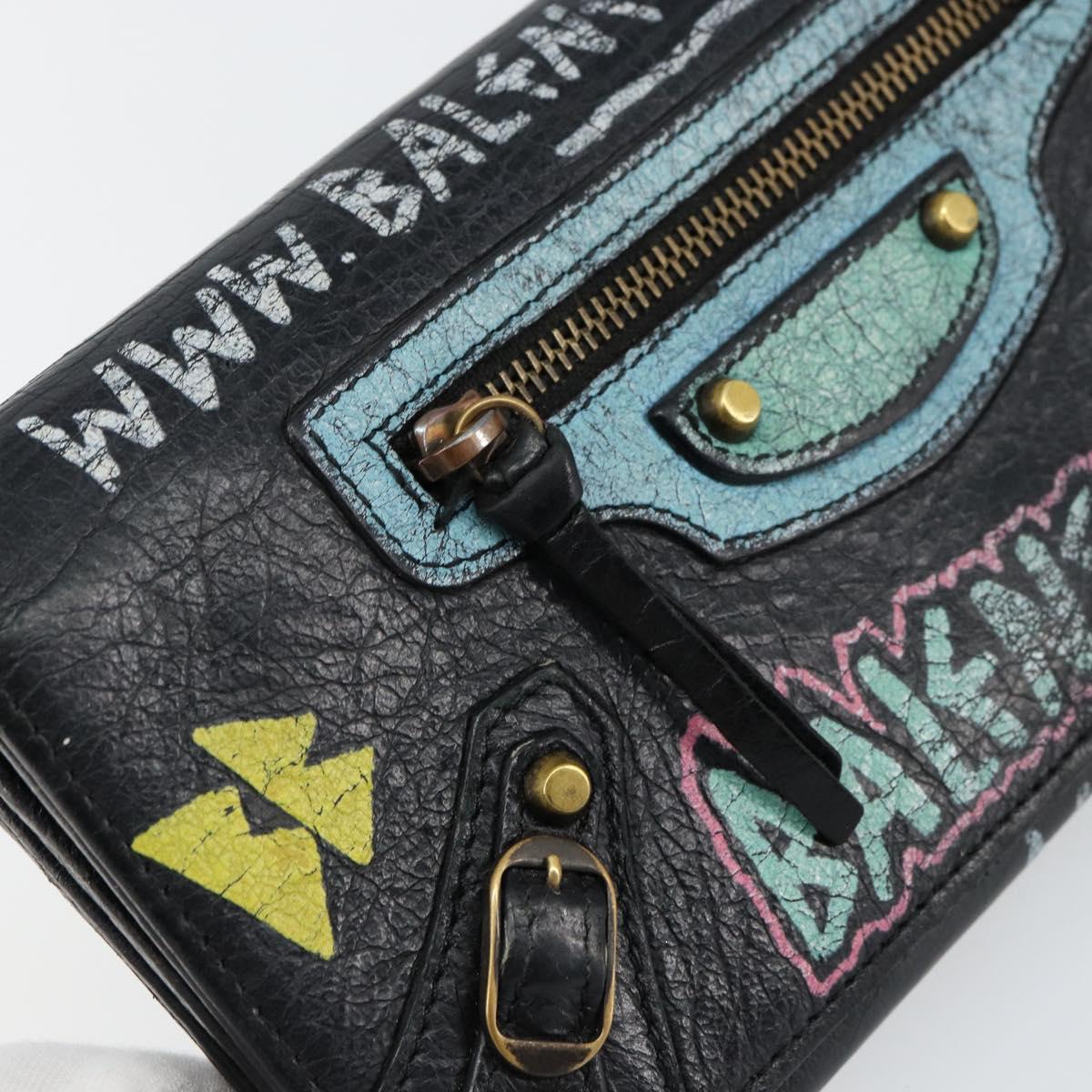 BALENCIAGA Continental Graffiti Wallet Leather Black Gold 164471 Auth bs29956