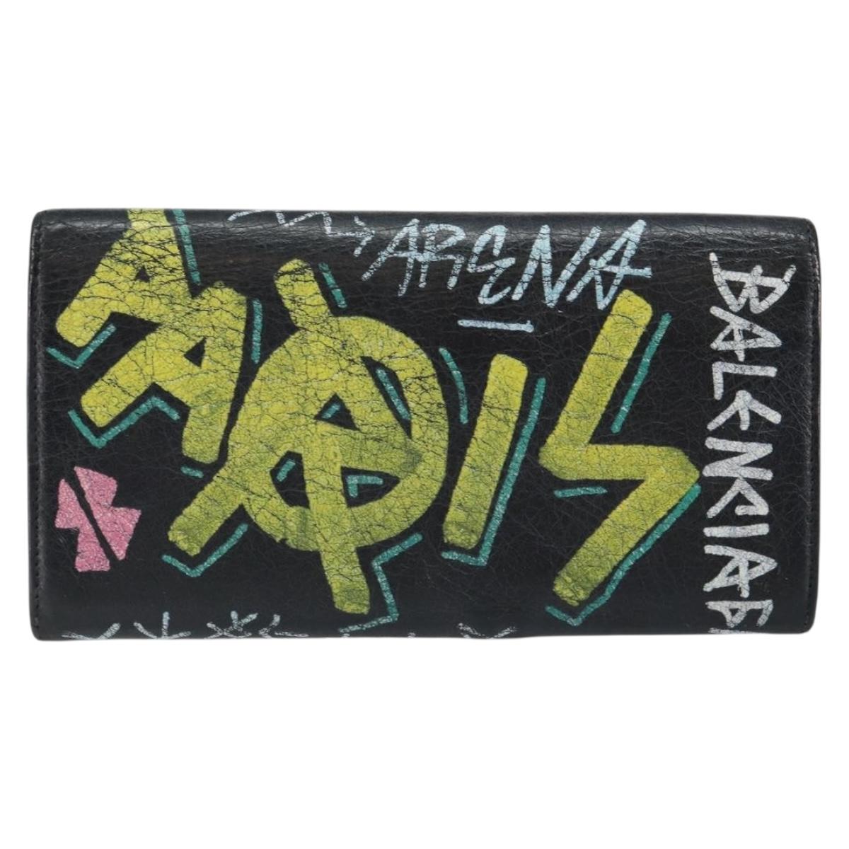 BALENCIAGA Continental Graffiti Wallet Leather Black Gold 164471 Auth bs29956