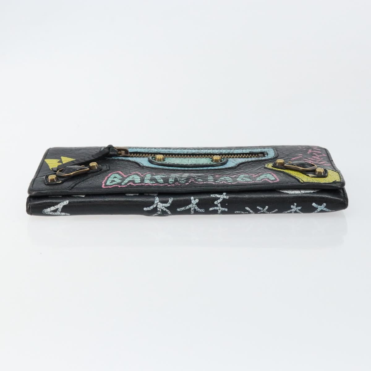 BALENCIAGA Continental Graffiti Wallet Leather Black Gold 164471 Auth bs29956