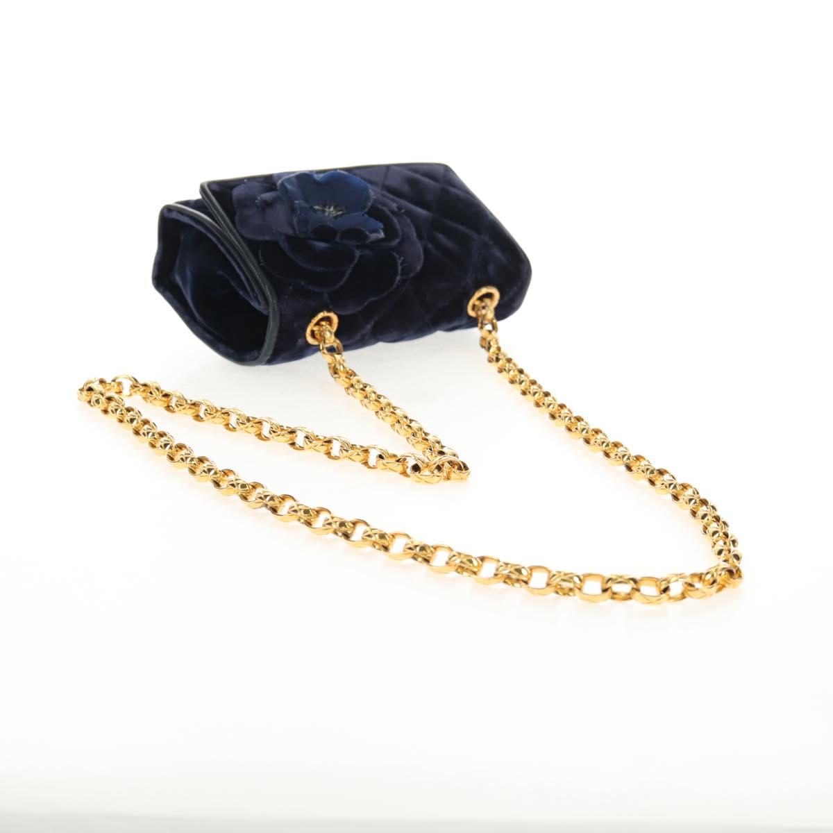 CHANEL Camellia Matelasse Flap Chain Bag Velor Navy Gold CC Auth bs29963V