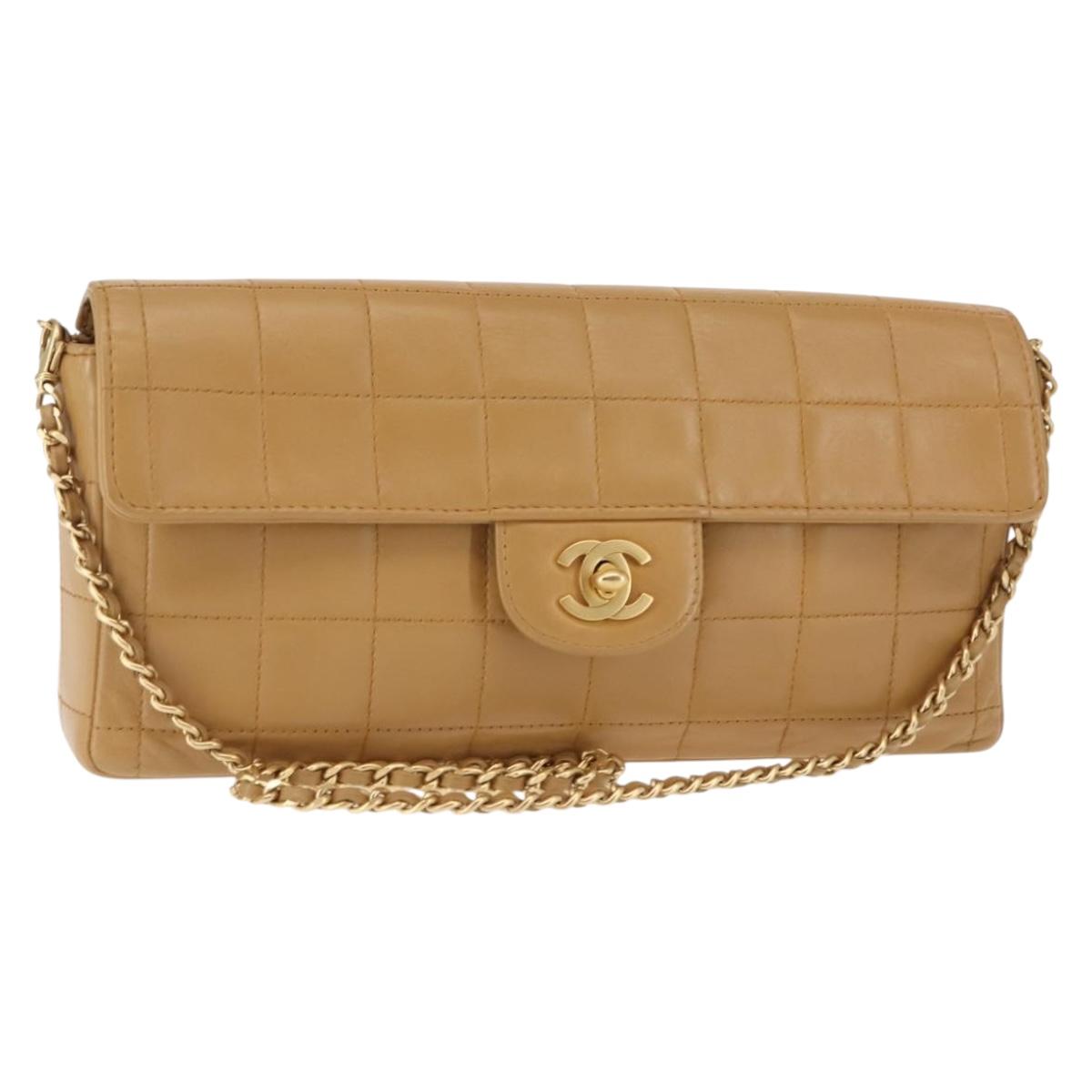 CHANEL Choco Bar Flap Chain Shoulder Bag Lamb Skin Beige Gold CC Auth bs29970