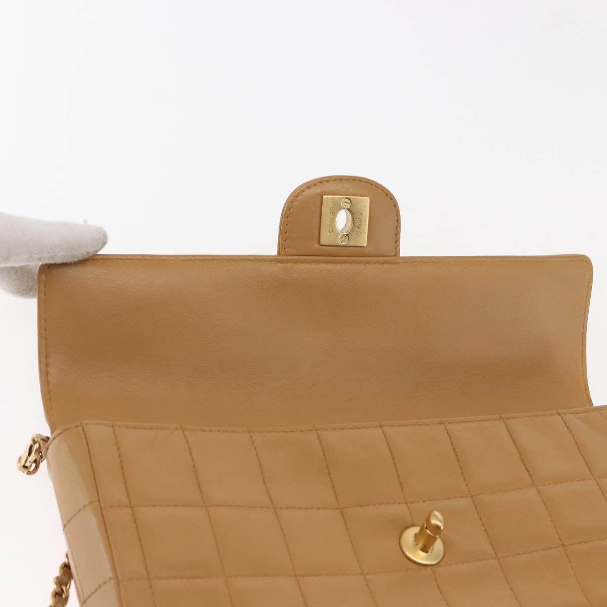 CHANEL Choco Bar Flap Chain Shoulder Bag Lamb Skin Beige Gold CC Auth bs29970