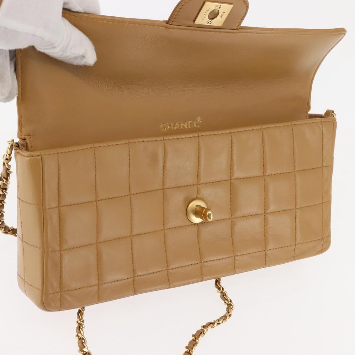 CHANEL Choco Bar Flap Chain Shoulder Bag Lamb Skin Beige Gold CC Auth bs29970