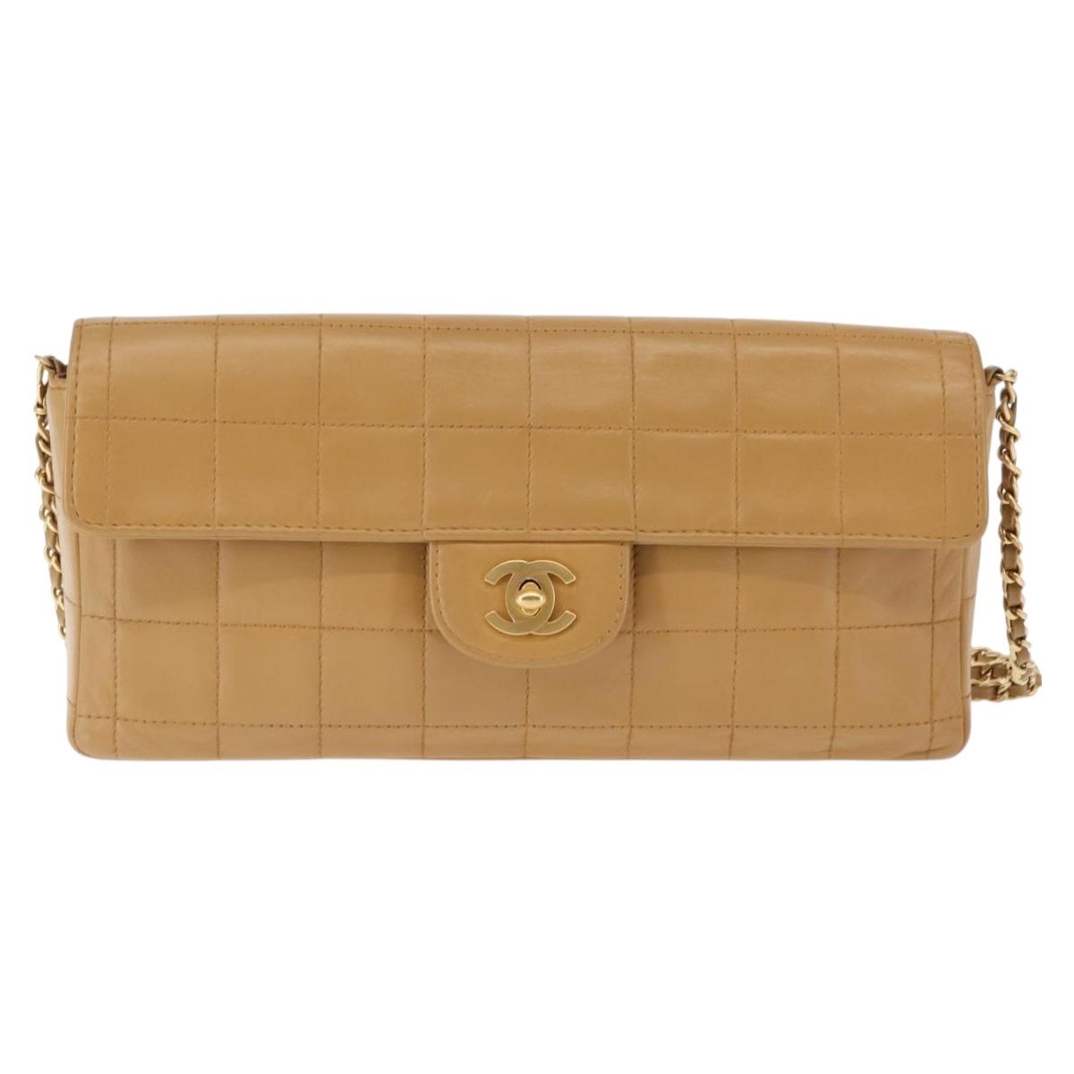 CHANEL Choco Bar Flap Chain Shoulder Bag Lamb Skin Beige Gold CC Auth bs29970