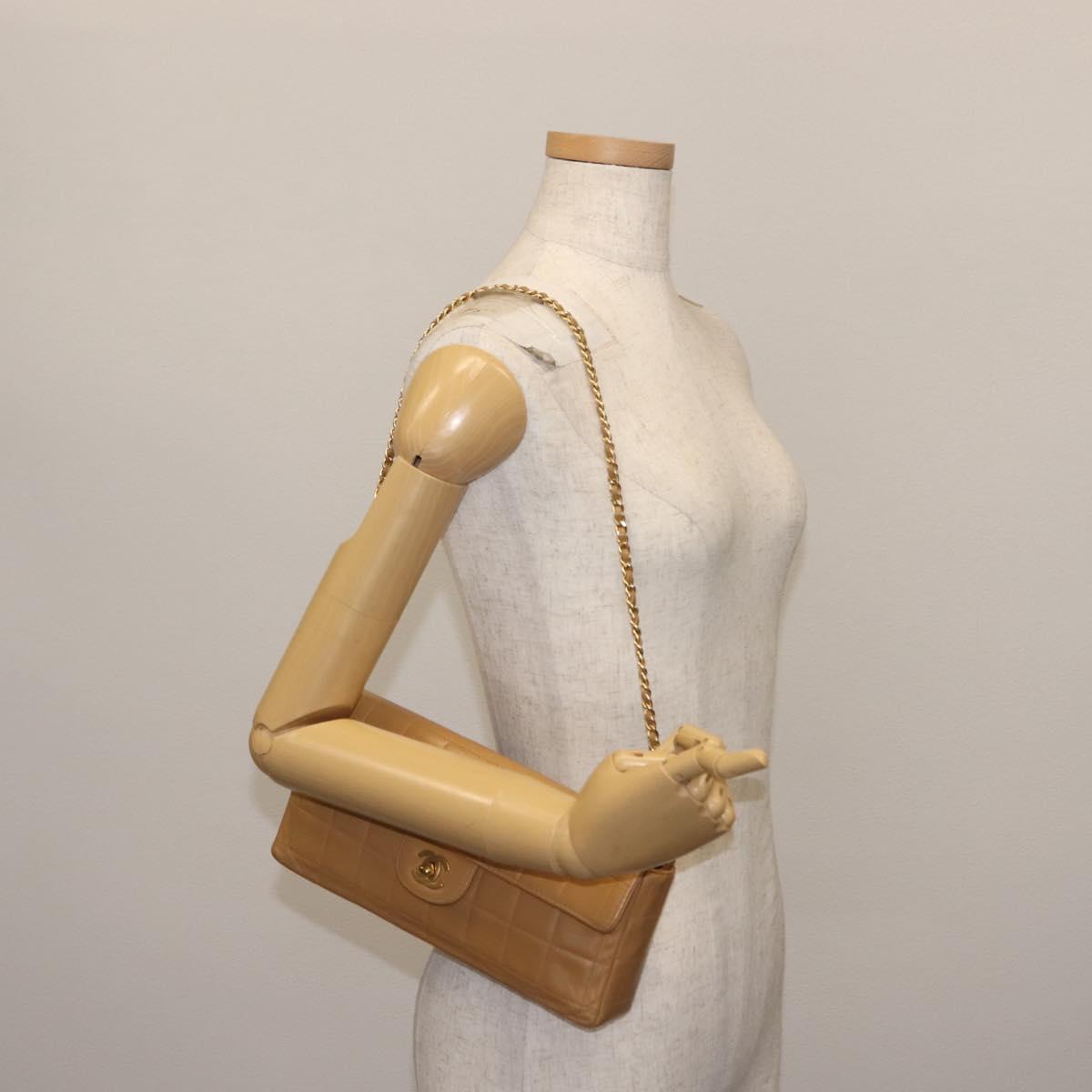 CHANEL Choco Bar Flap Chain Shoulder Bag Lamb Skin Beige Gold CC Auth bs29970