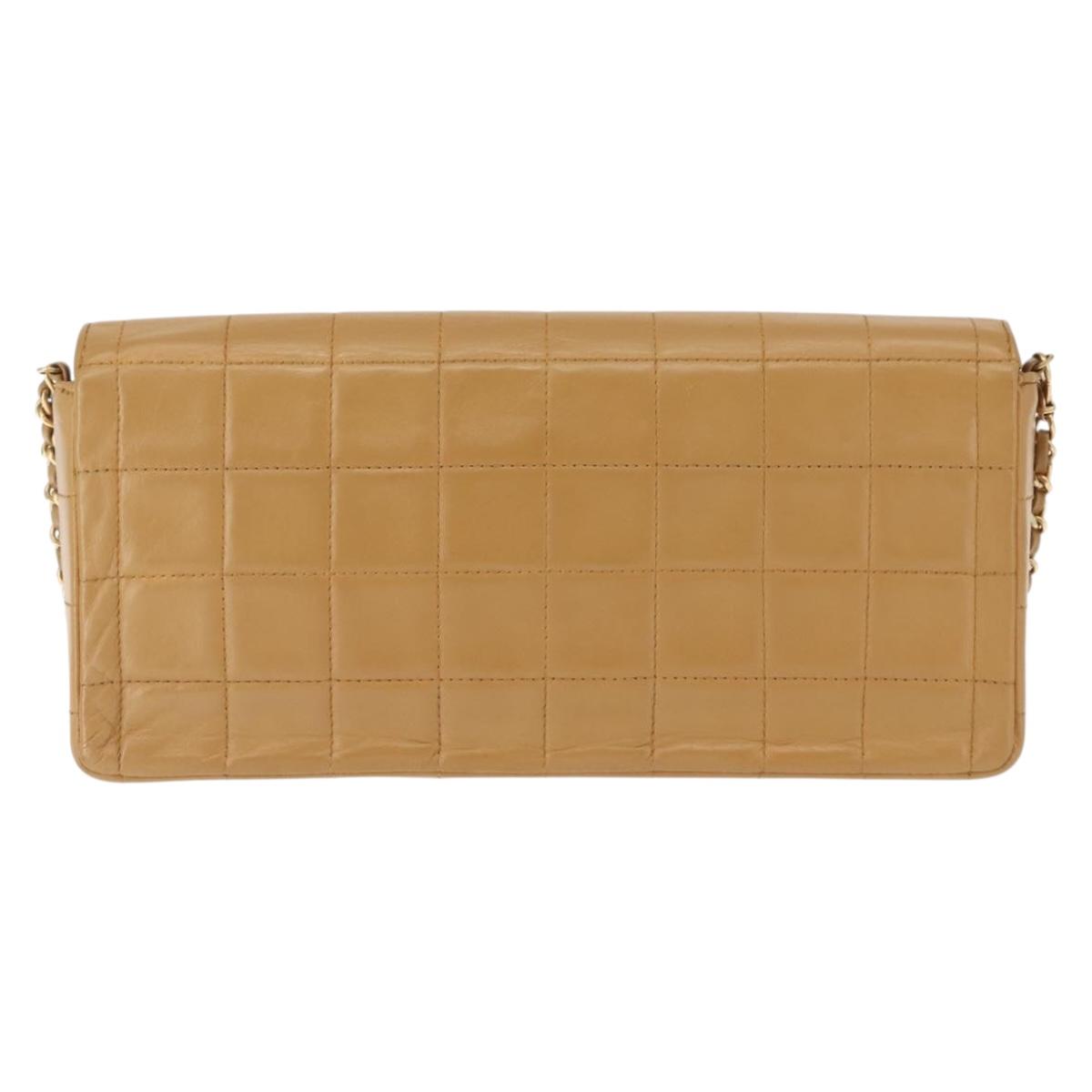 CHANEL Choco Bar Flap Chain Shoulder Bag Lamb Skin Beige Gold CC Auth bs29970