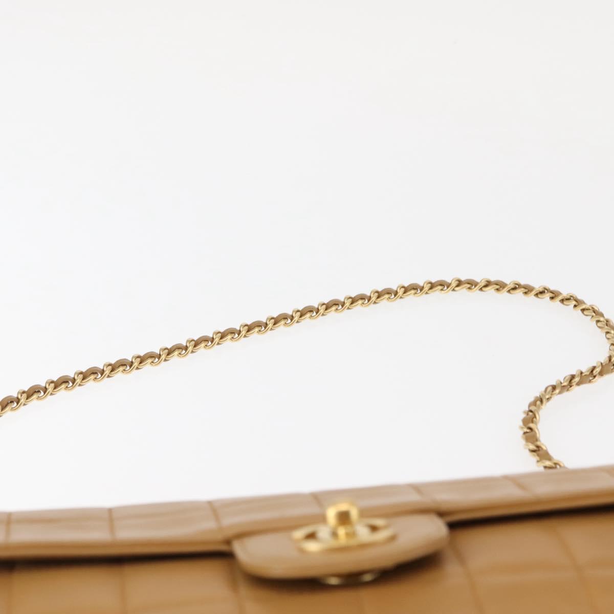 CHANEL Choco Bar Flap Chain Shoulder Bag Lamb Skin Beige Gold CC Auth bs29970