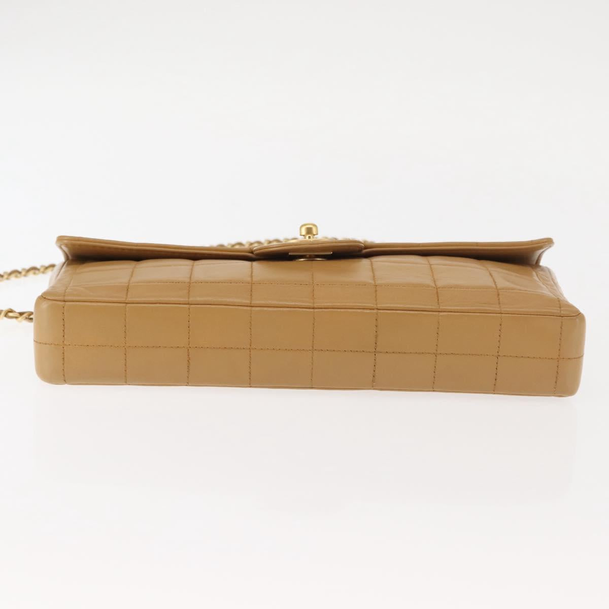 CHANEL Choco Bar Flap Chain Shoulder Bag Lamb Skin Beige Gold CC Auth bs29970