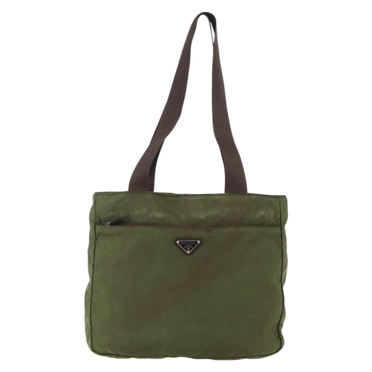 PRADA Tote Bag Nylon Khaki Silver Auth bs29971