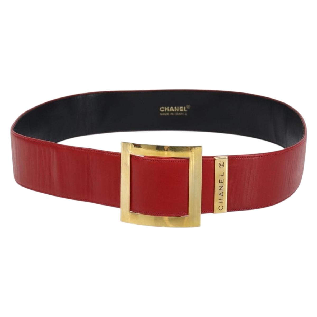 CHANEL Belt Leather 33.1"" Red Gold CC Auth bs29975