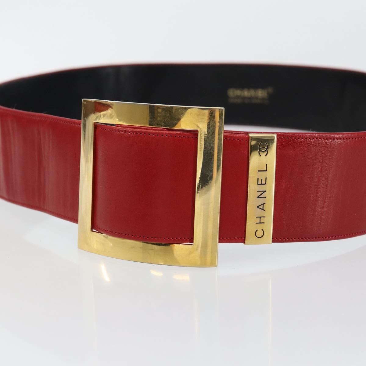 CHANEL Belt Leather 33.1"" Red Gold CC Auth bs29975