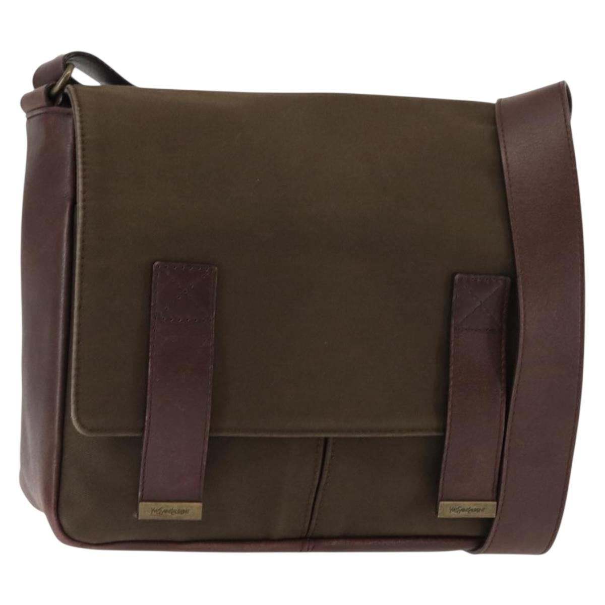 SAINT LAURENT Shoulder Bag Canvas Khaki Gold Auth bs29985