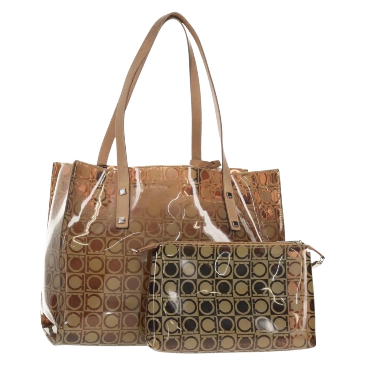 Salvatore Ferragamo Gancini Tote Bag Vinyl Brown Silver Auth bs29993