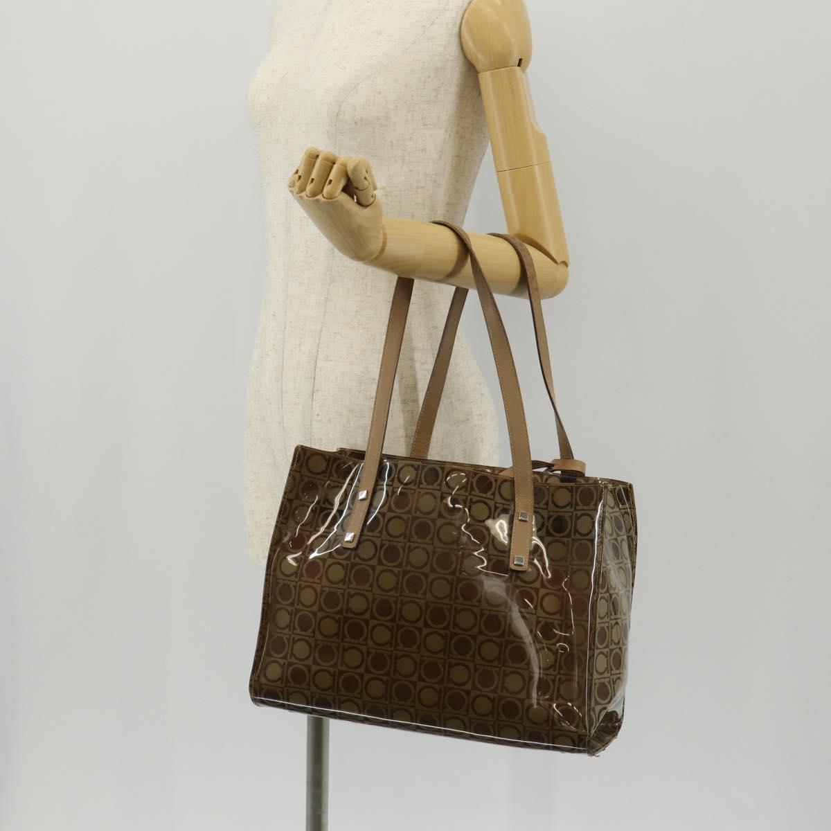 Salvatore Ferragamo Gancini Tote Bag Vinyl Brown Silver Auth bs29993