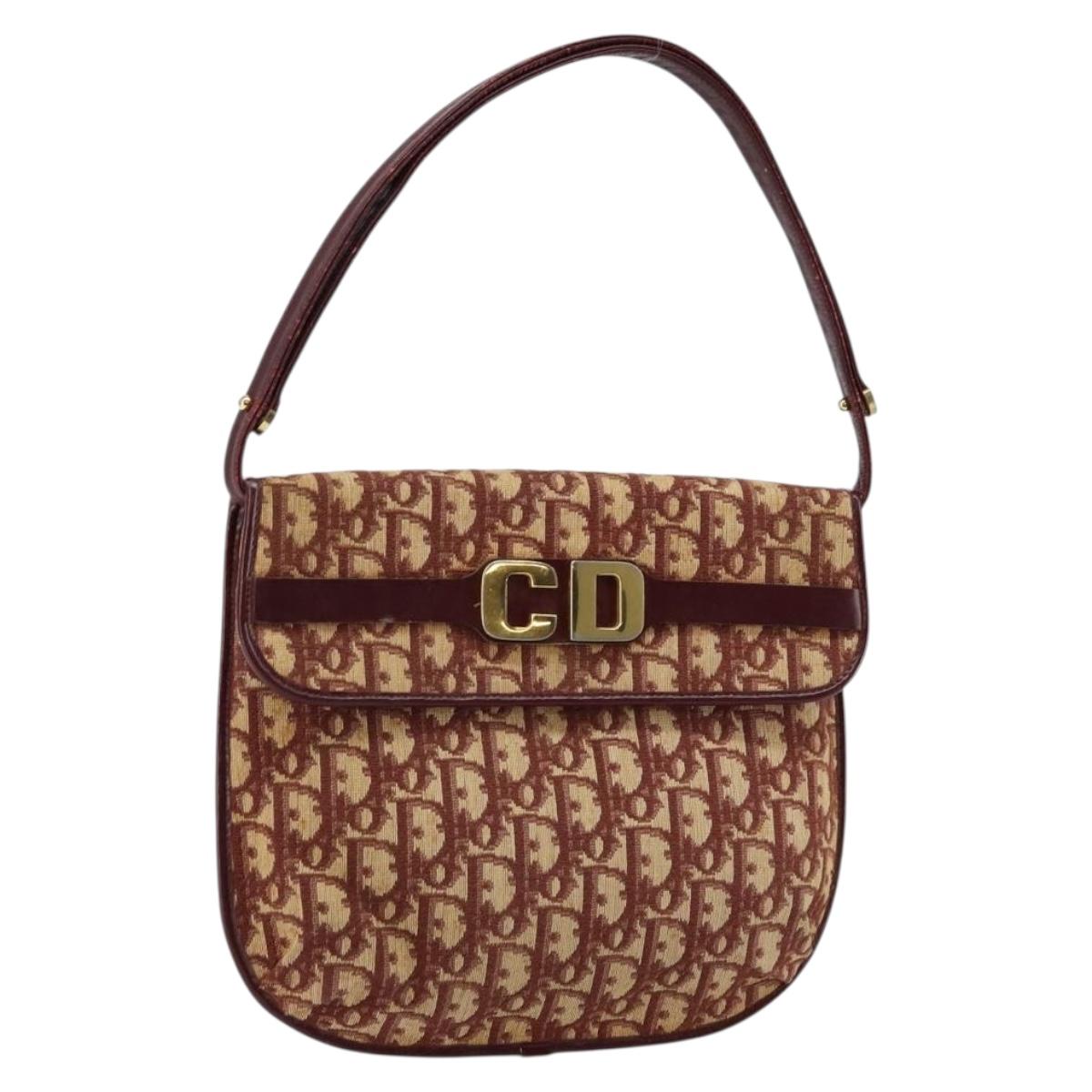 Christian Dior Trotter Canvas Shoulder Bag Bordeaux Gold Auth bs29997