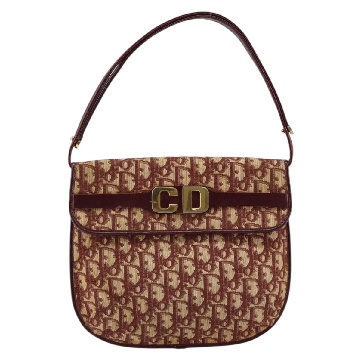 Christian Dior Trotter Canvas Shoulder Bag Bordeaux Gold Auth bs29997