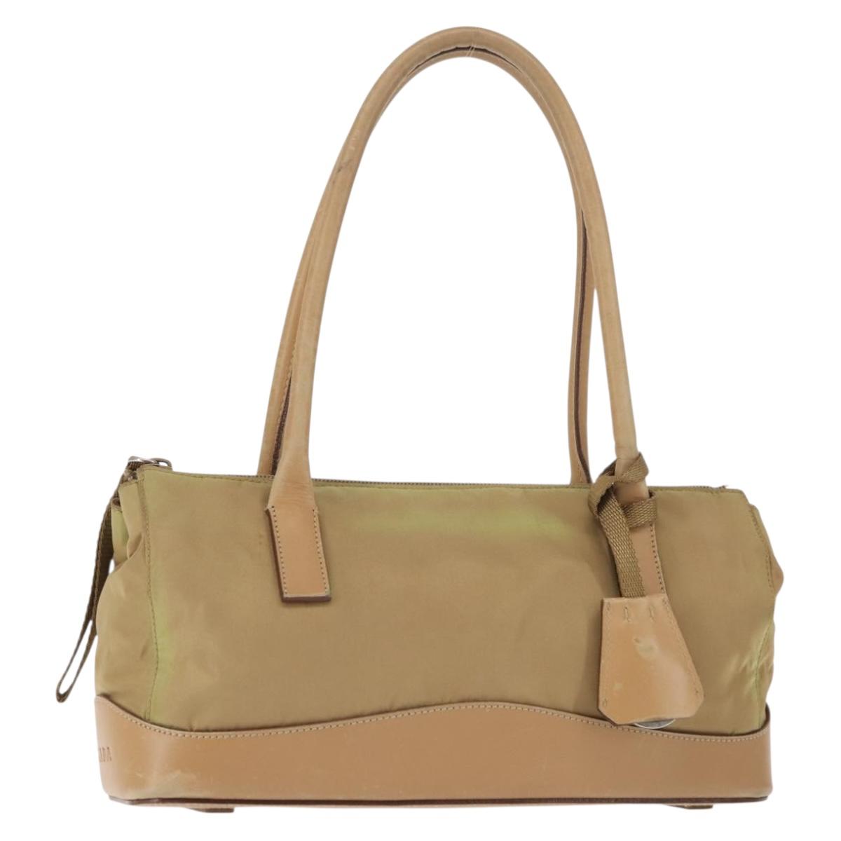PRADA Shoulder Bag Nylon Leather Khaki Silver Auth bs30008