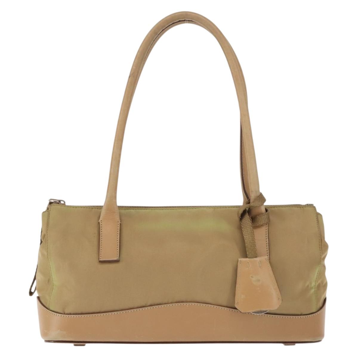 PRADA Shoulder Bag Nylon Leather Khaki Silver Auth bs30008