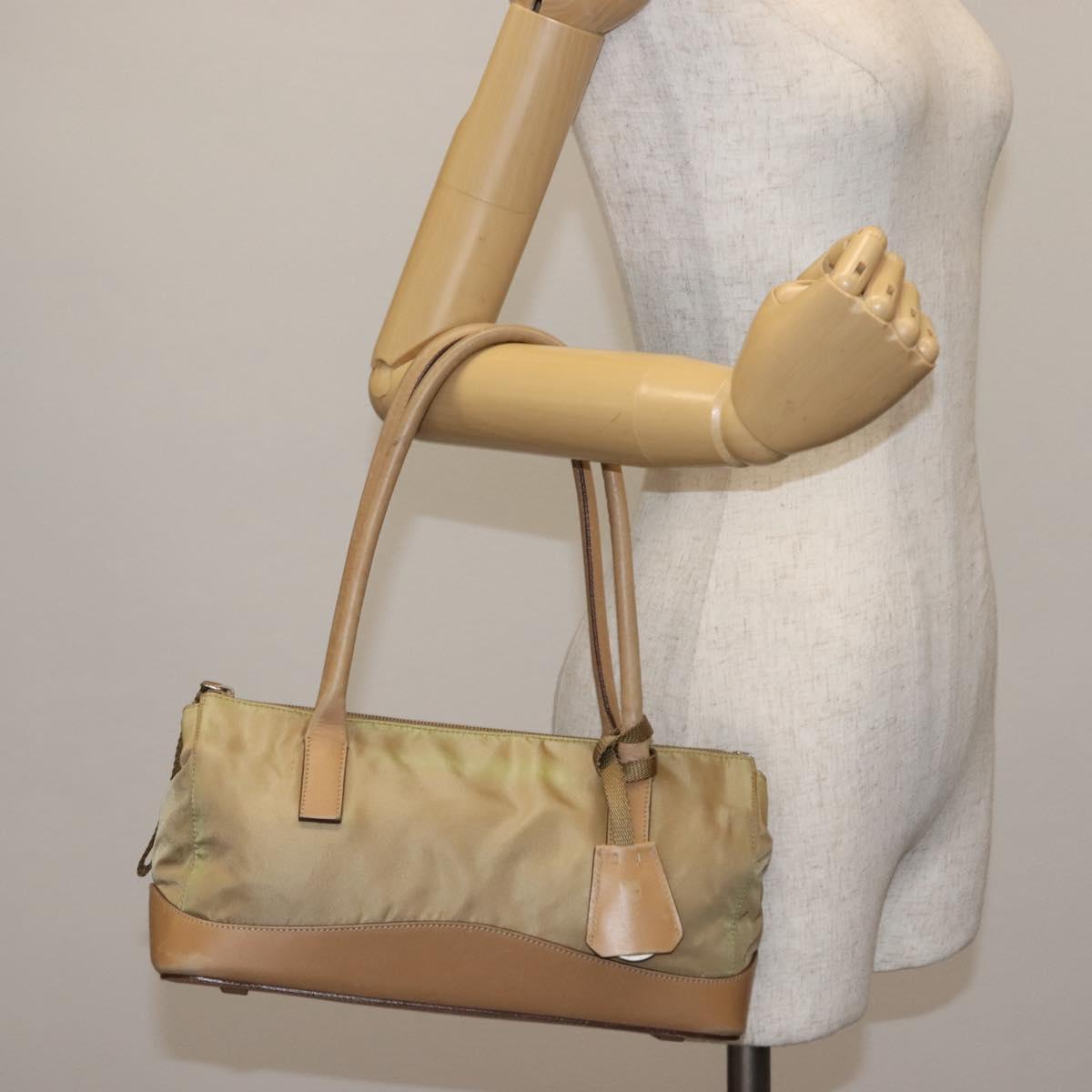 PRADA Shoulder Bag Nylon Leather Khaki Silver Auth bs30008