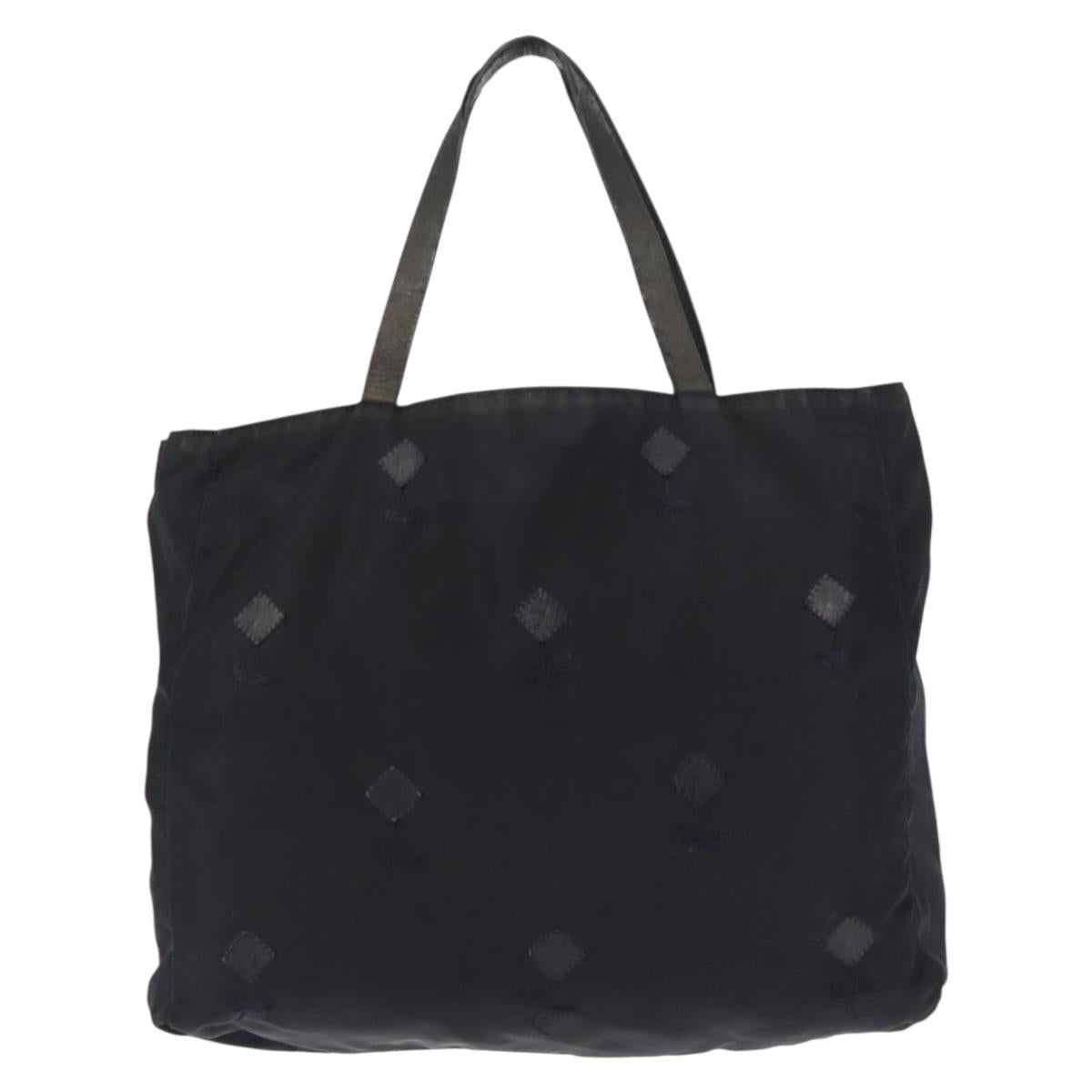 PRADA Flower Embroidery Tote Bag Nylon Black Silver Auth bs30015