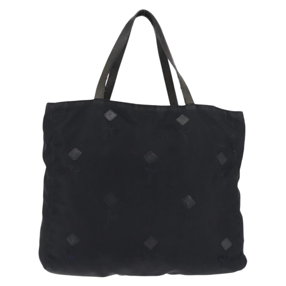 PRADA Flower Embroidery Tote Bag Nylon Black Silver Auth bs30015