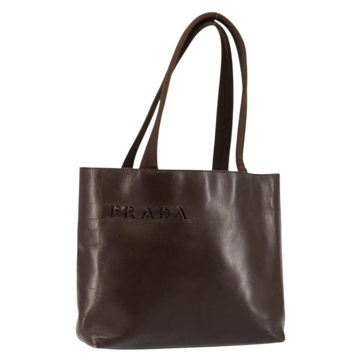 PRADA Tote Bag Leather Brown Silver Auth bs30016