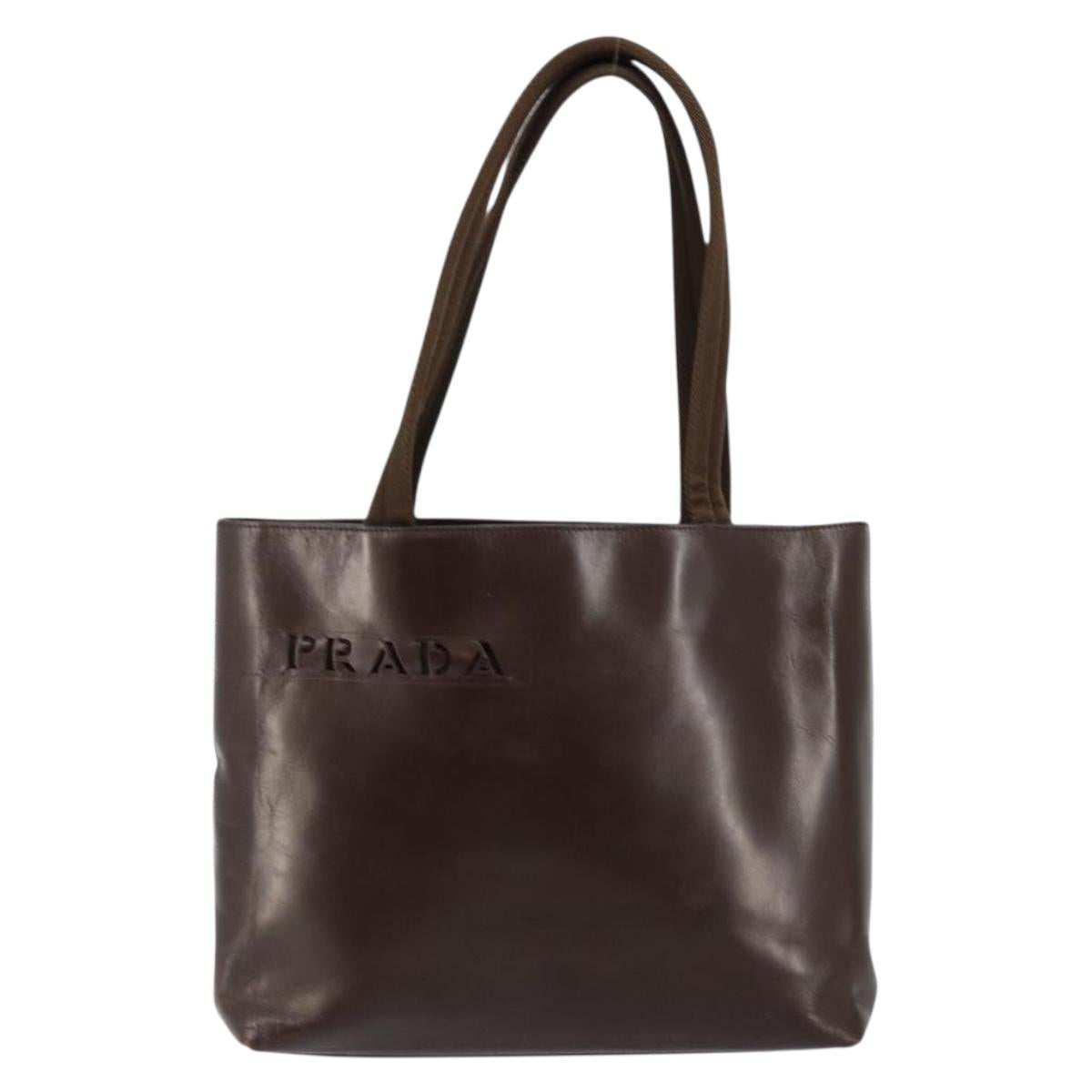 PRADA Tote Bag Leather Brown Silver Auth bs30016
