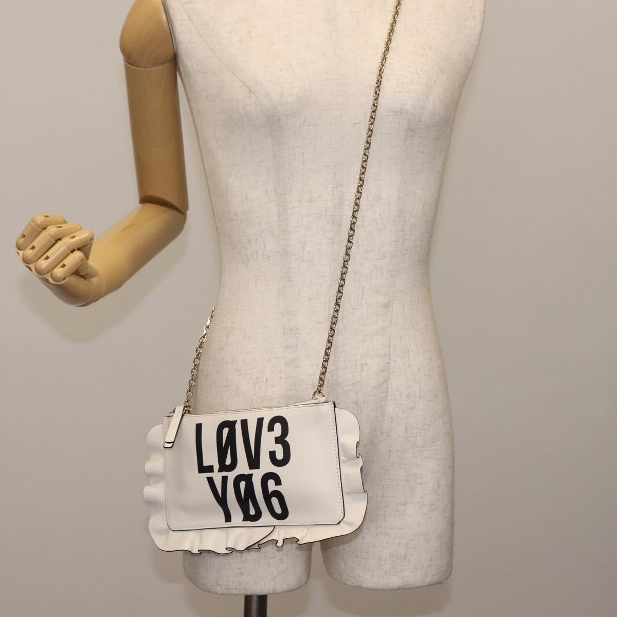 VALENTINO RED VALENTINO Frill Chain Shoulder Bag Leather White Gold Auth bs30020