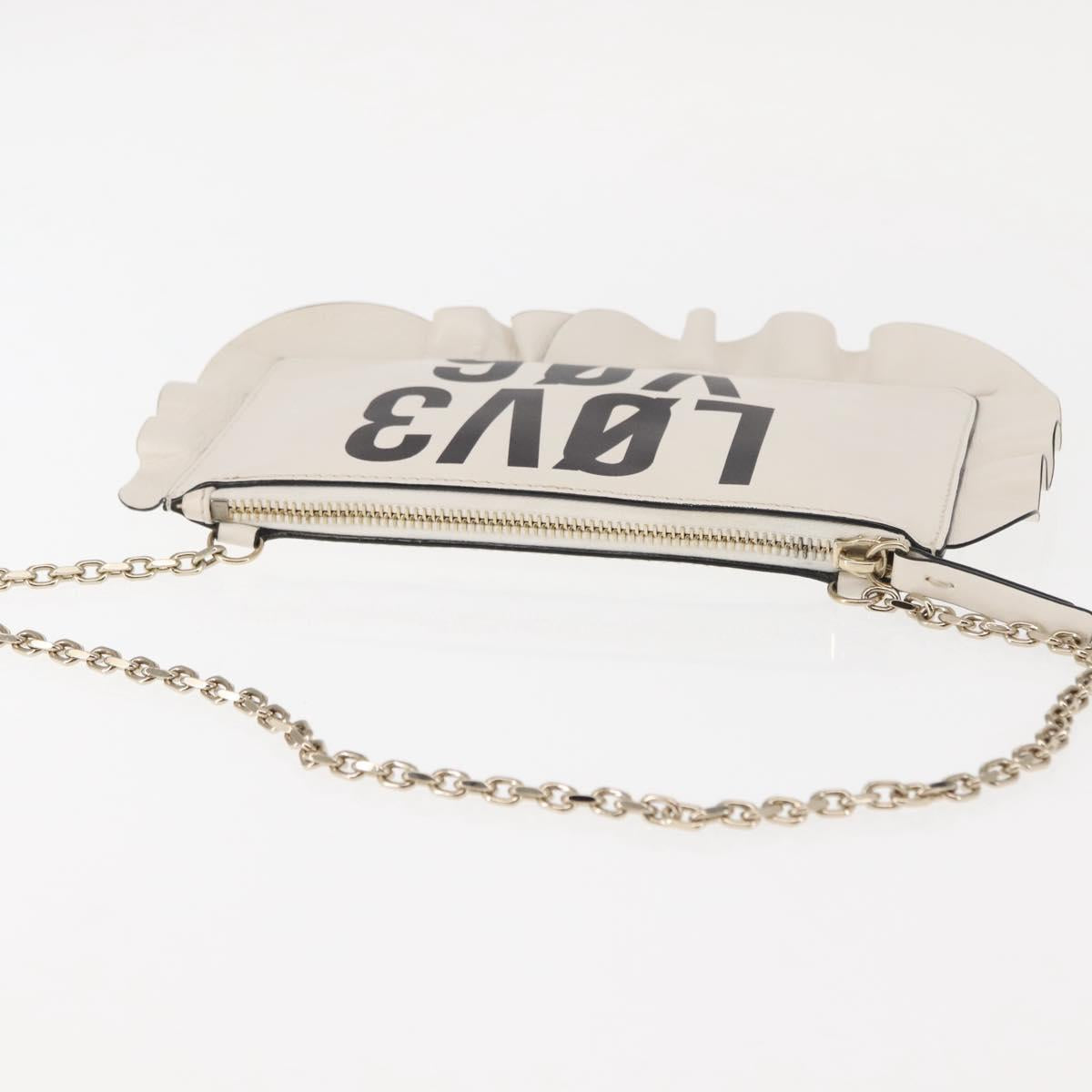 VALENTINO RED VALENTINO Frill Chain Shoulder Bag Leather White Gold Auth bs30020